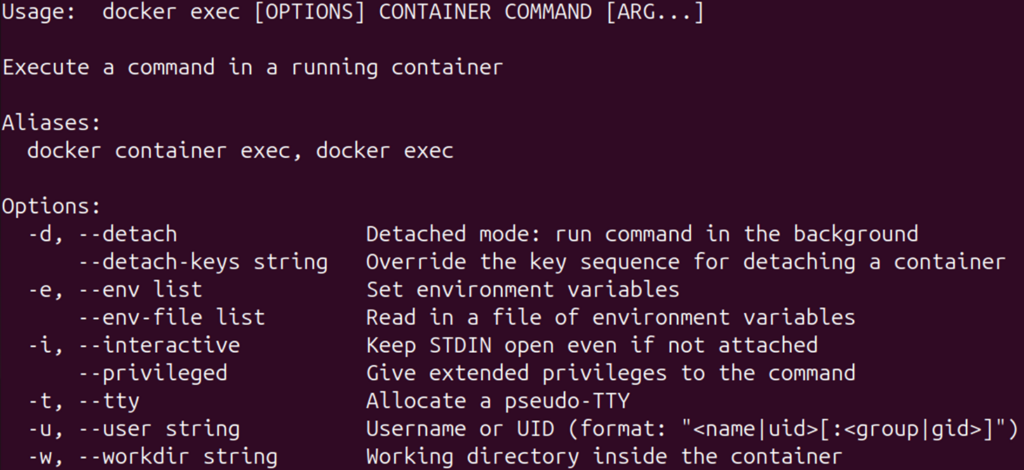 Terminal showing outputs of docker exec help