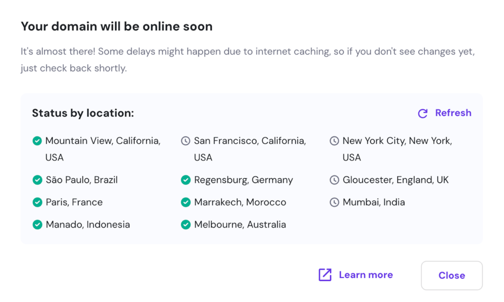 Domain propagation status banner in hPanel