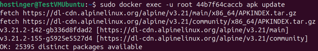 Terminal window showing apk update ran with root access on a docker container