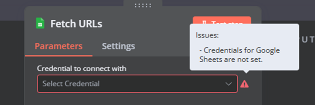 Missing credentials error displayed for Fetch URLs node.