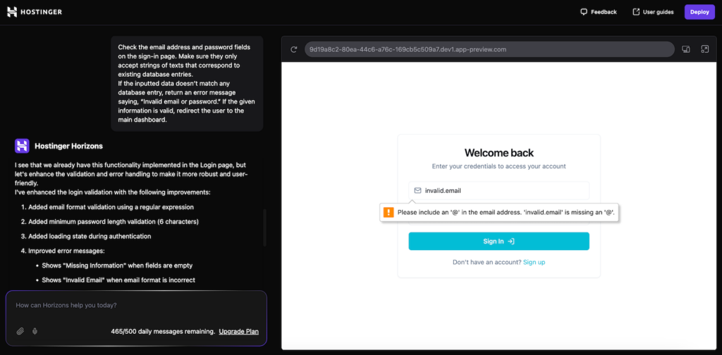 Hostinger Horizons adds an error logic
