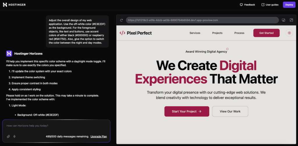 Hostinger Horizons adjusts the web app design according to the prompt
