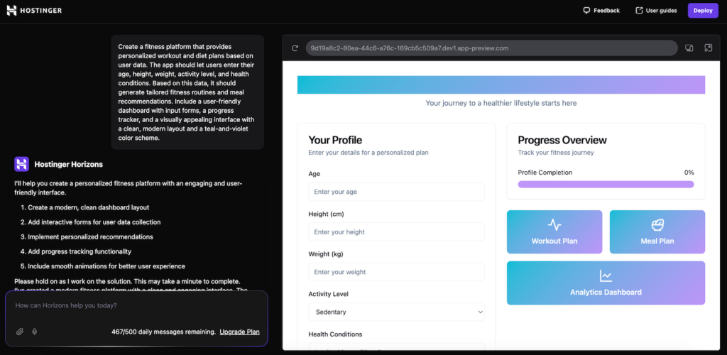 The Hostinger Horizons project dashboard
