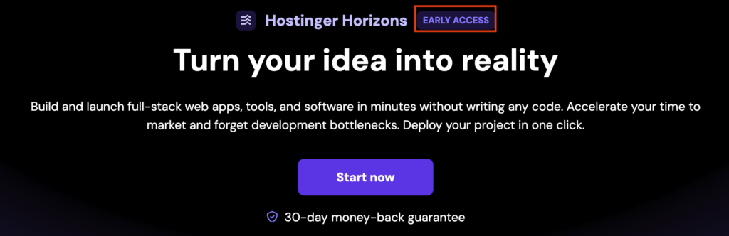 Early access launch screen for Hostinger Horizons
