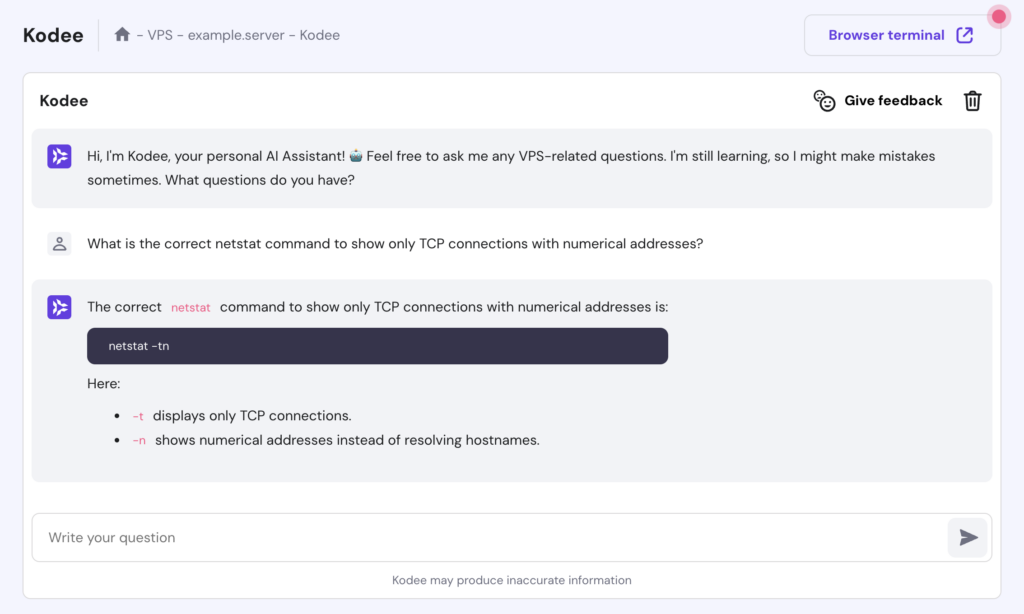 Kodee AI Assistant in hPanel's VPS responds to a question about netstat