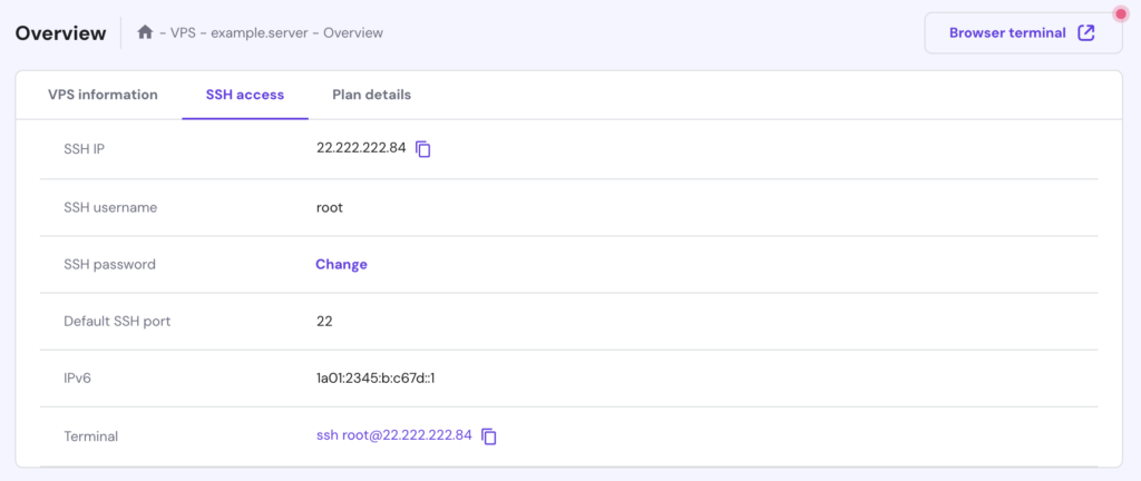 The SSH access tab in hPanel's VPS dashboard contains SSH credentials