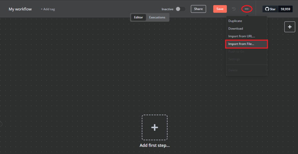 Workflow view with the Import from file... option highlighted.