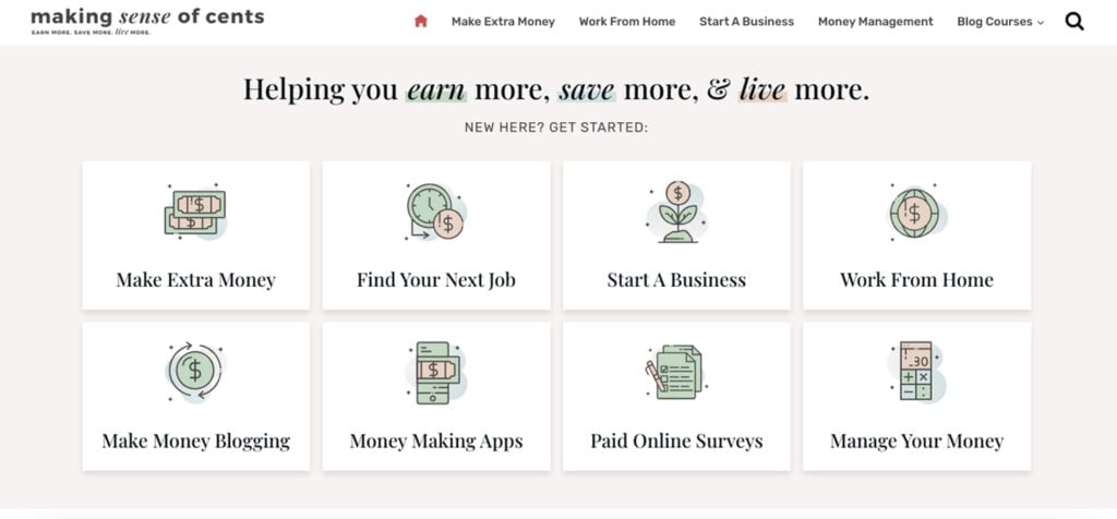 Making Sense of Cents homepage with finance blog categories