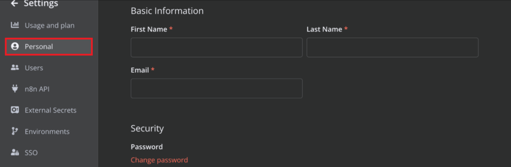 Personal page in n8n settings showing user credentials