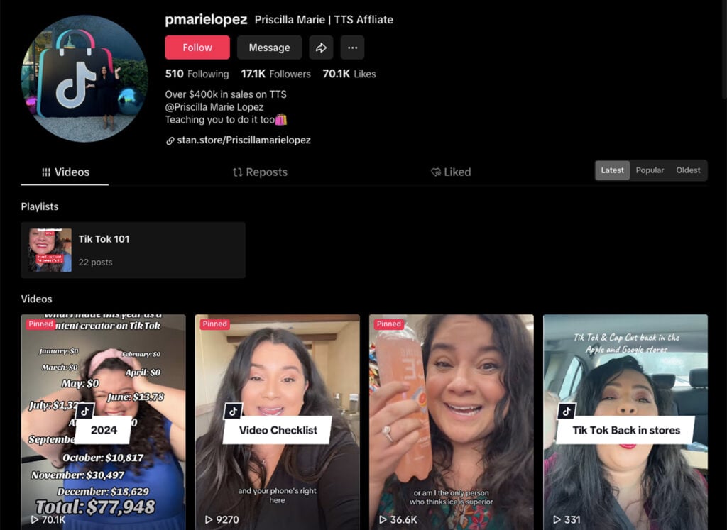 Priscilla Lopez’s TikTok profile highlighting affiliate earnings
