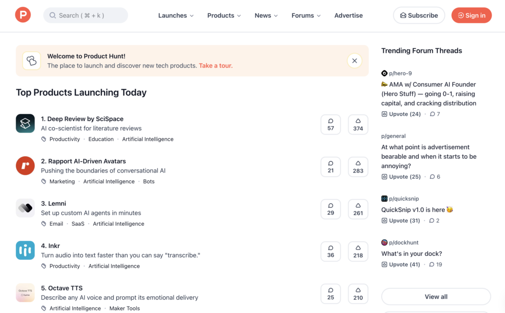 Homepage of Product Hunt website featuring new tech products
