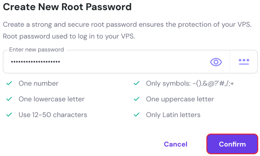 Create New Root Password screen