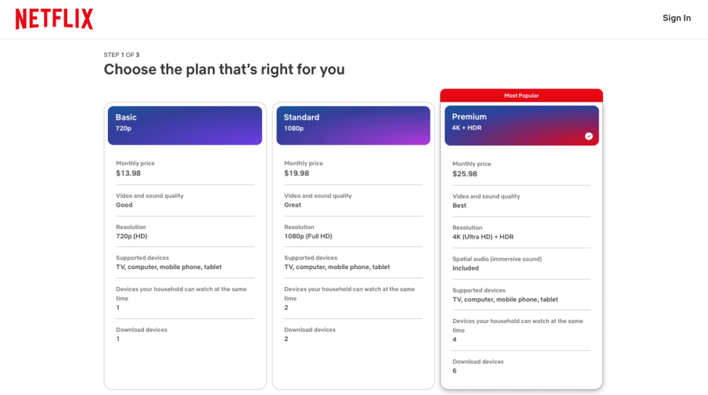 Netflix subscription plans as an example of monetizing a web app through monthly subscription