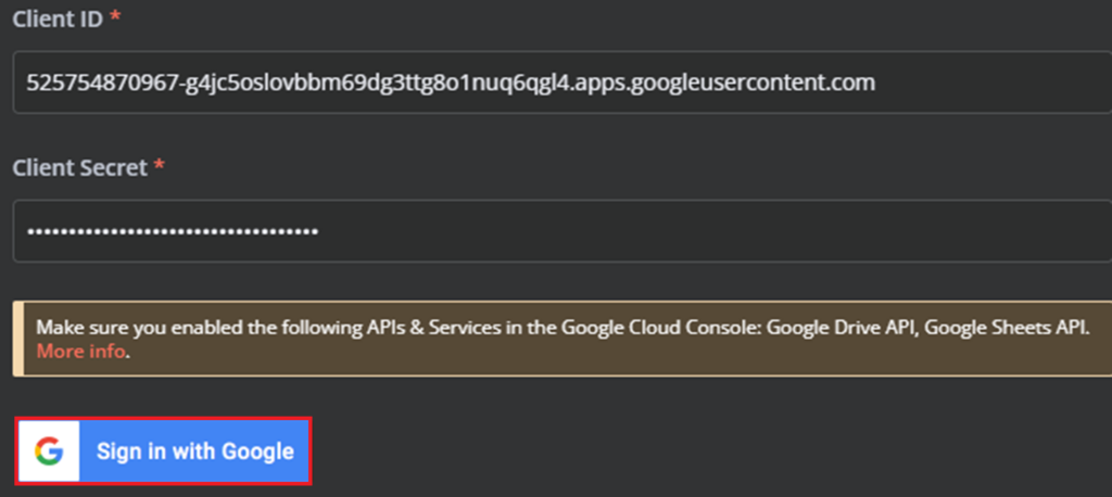 Sign in with Google option highlighted that appears once Client ID and Client Secret are entered.