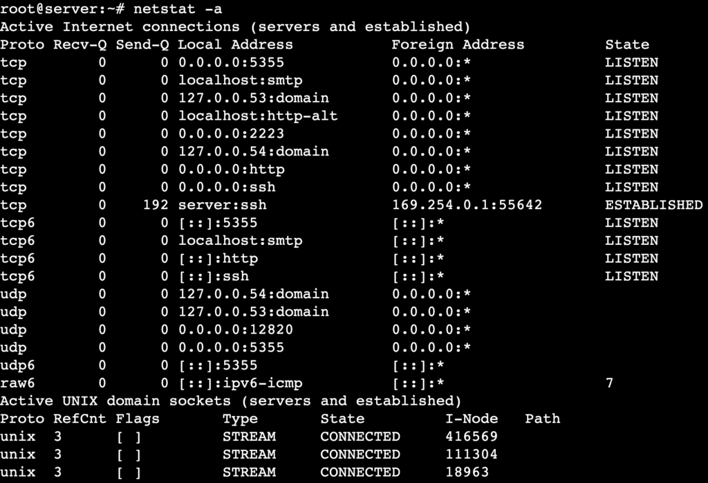 The netstat -a command's output shows all active connections, including listening and non-listening ports