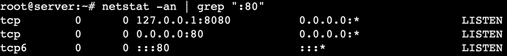 The netstat -an | grep ":80" command's output shows connections related to port 80