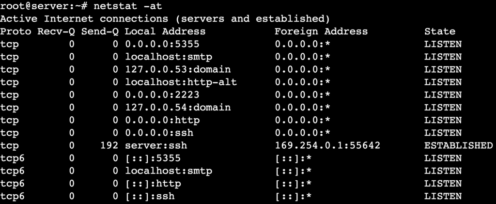 The netstat -at command's output shows active TCP connections