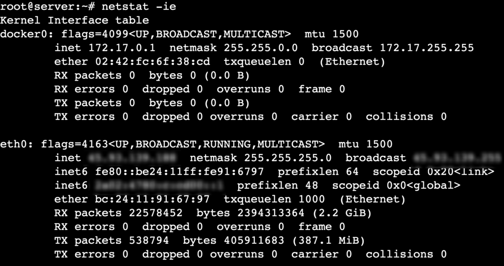 The netstat -ie command's output shows network interfaces and their statistics