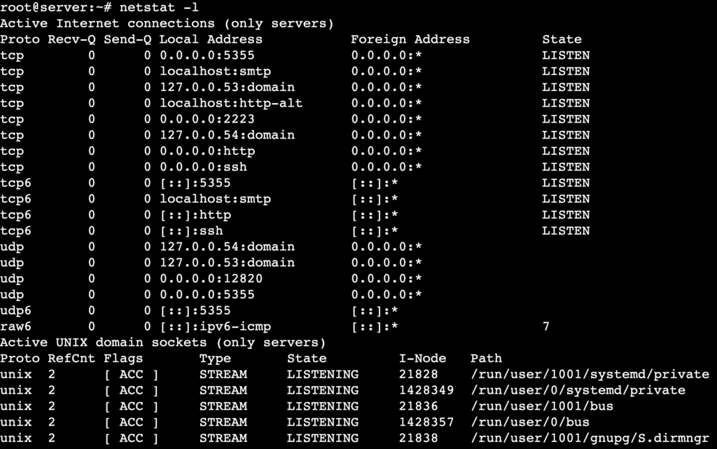 The netstat -l command's output shows sockets in the LISTEN state