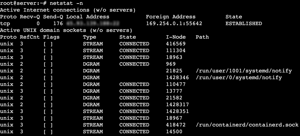 The netstat -n command's output shows connections in numerical form