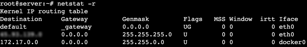 The netstat -r command's output shows an IP routing table