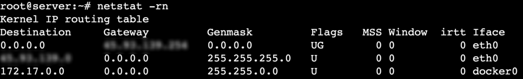 The netstat -rn command's output shows an IP routing table with numerical addresses