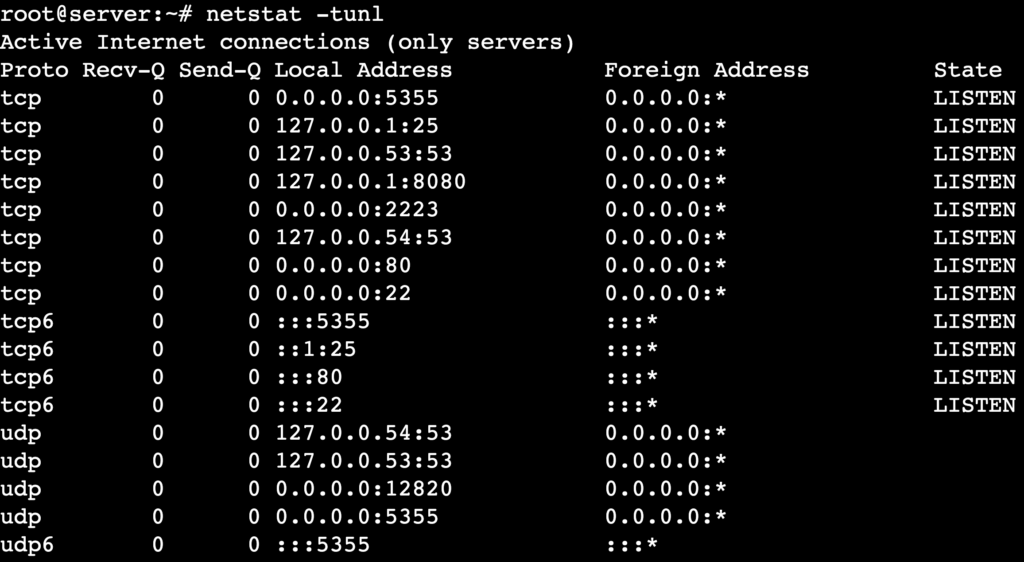 The netstat -tunl command's output shows all listening TCP and UDP ports with numerical addresses