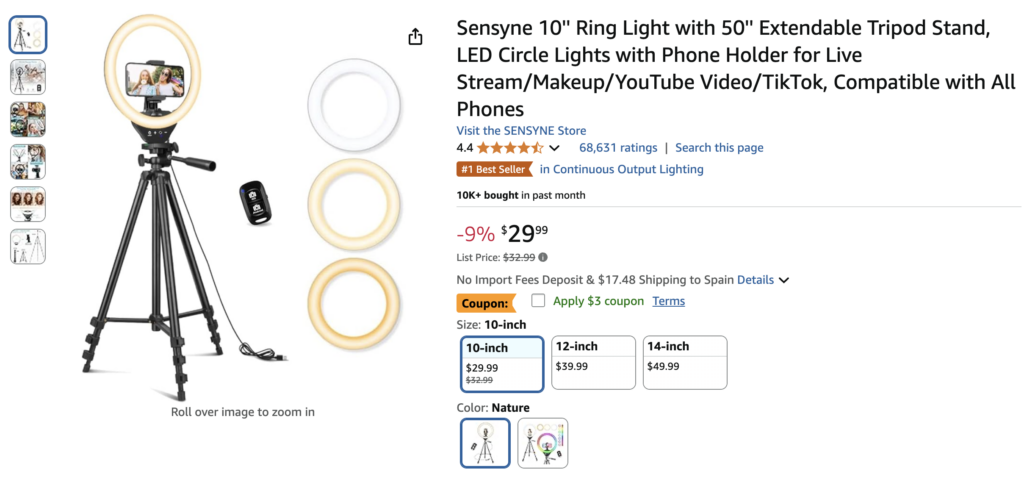 Ring light with extendable tripod stand on Amazon
