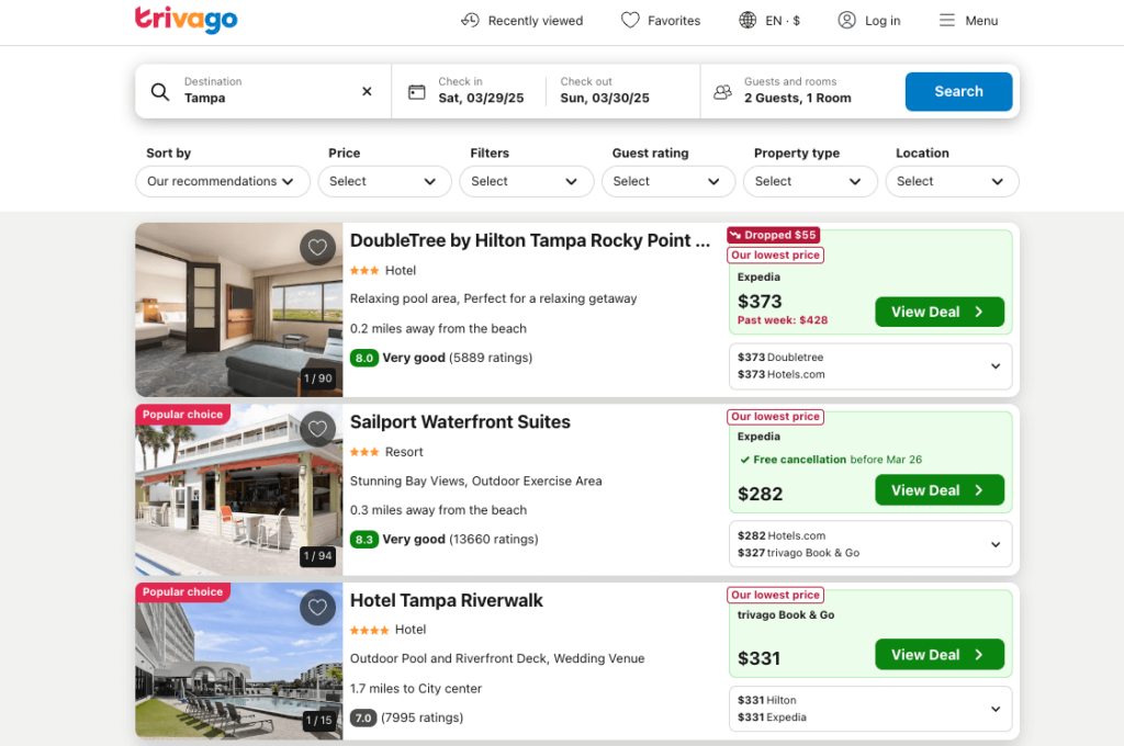 Trivago hotel search that shows results through affiliate partnerships with booking platforms