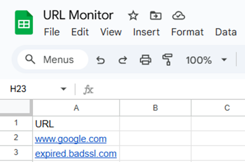 Example URL list with added link to expired SSL certificate website
