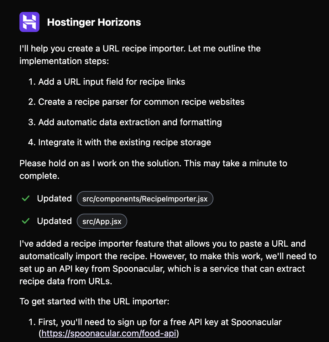 Hostinger Horizons explaining how to add an API so I could import recipes from URLs to my tracker