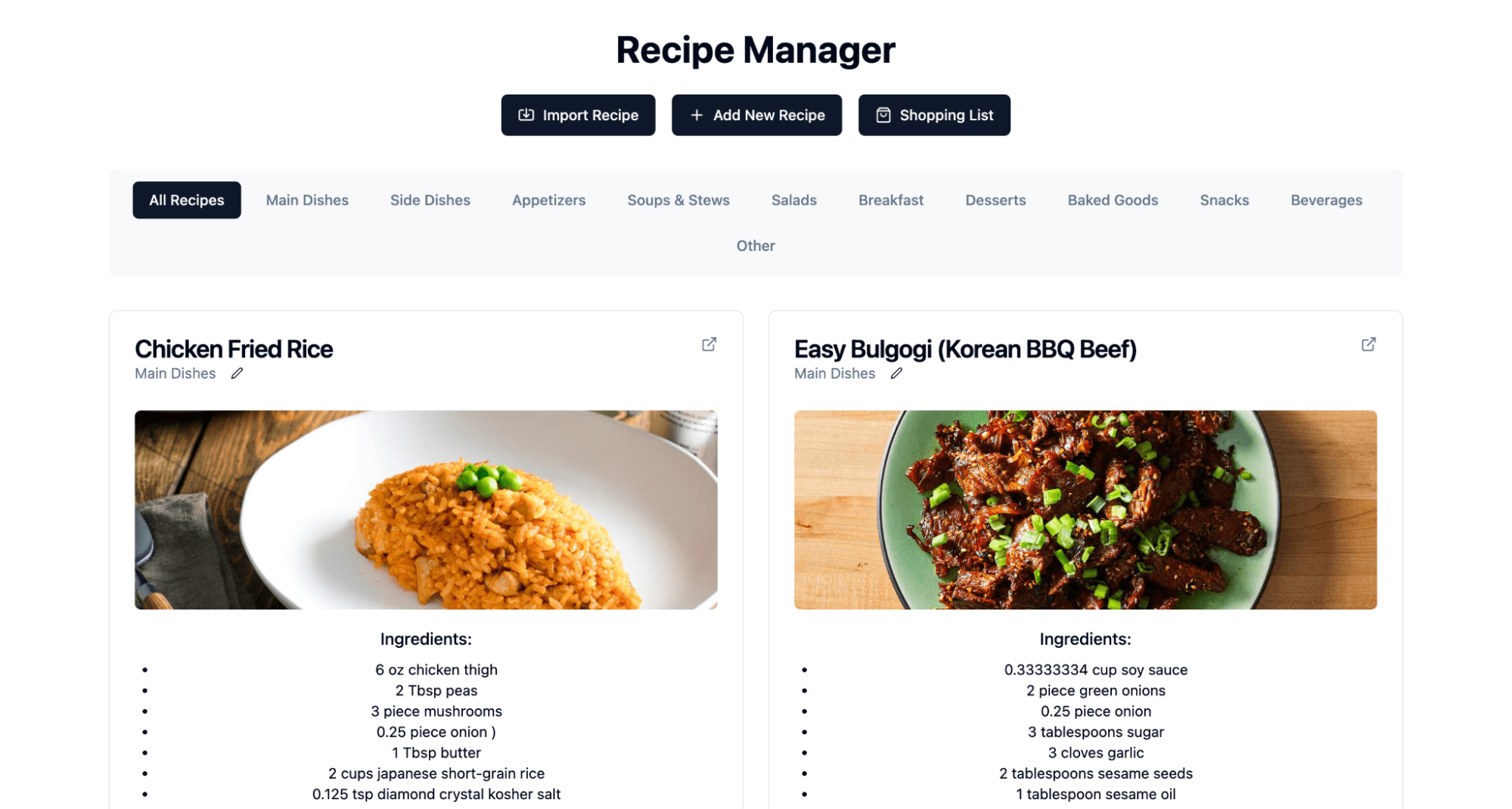 Recipe manager app with tab based menu system