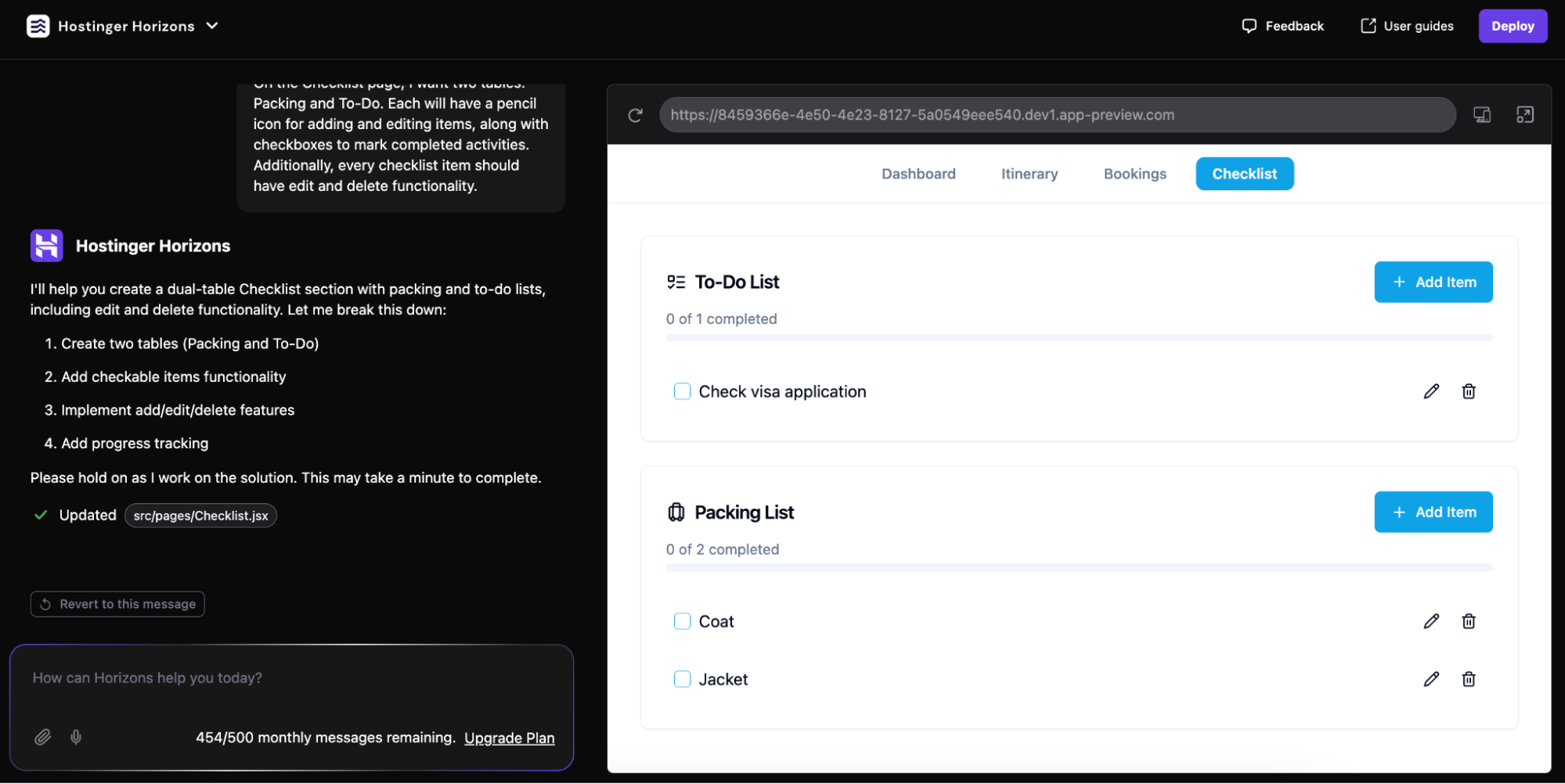 A travel custom web app's Checklist page interface