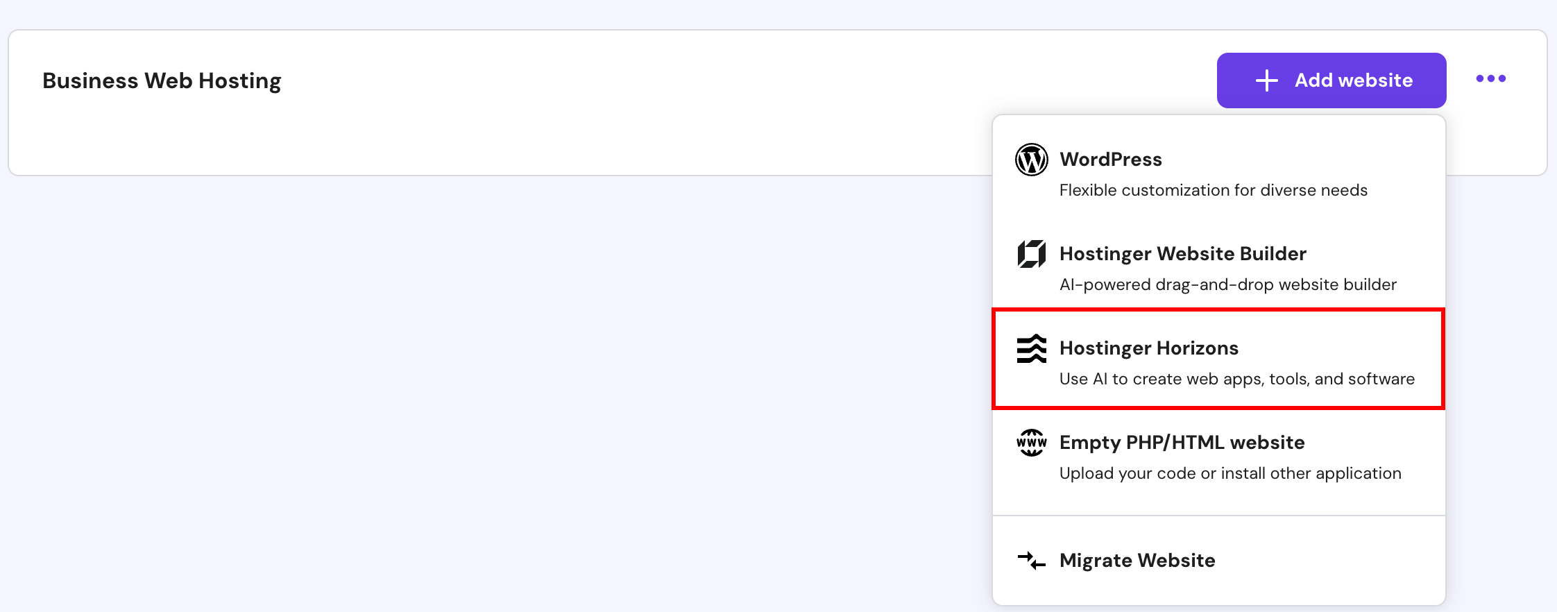 a list of platforms after clicking add website on hpanel with Hostinger Horizons highlighted