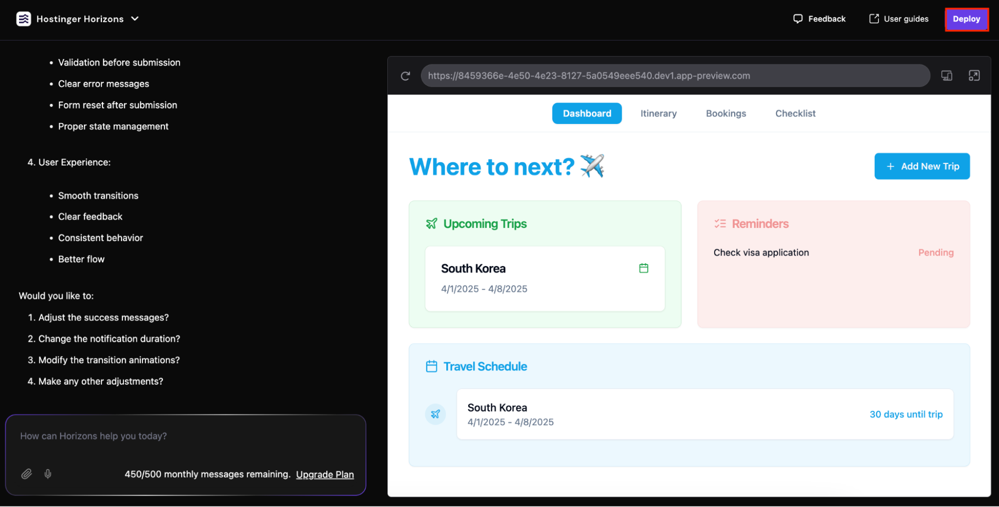 A travel custom web app's dashboard interface in the final iteration with Hostinger Horizons