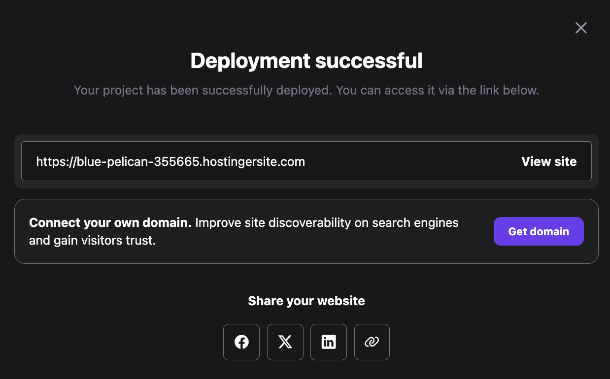 successful deployment pop-up shown after deploying a web app with temporary domain