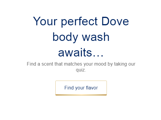 Dove's Find Your Flavor Quiz webpage, featuring an interactive quiz interface.