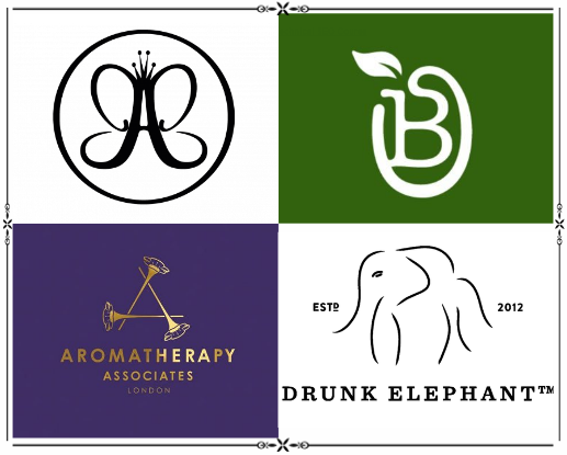 Logo examples from Anastasia, Bolden, Aromatherapy and Drunk Elephant brands
