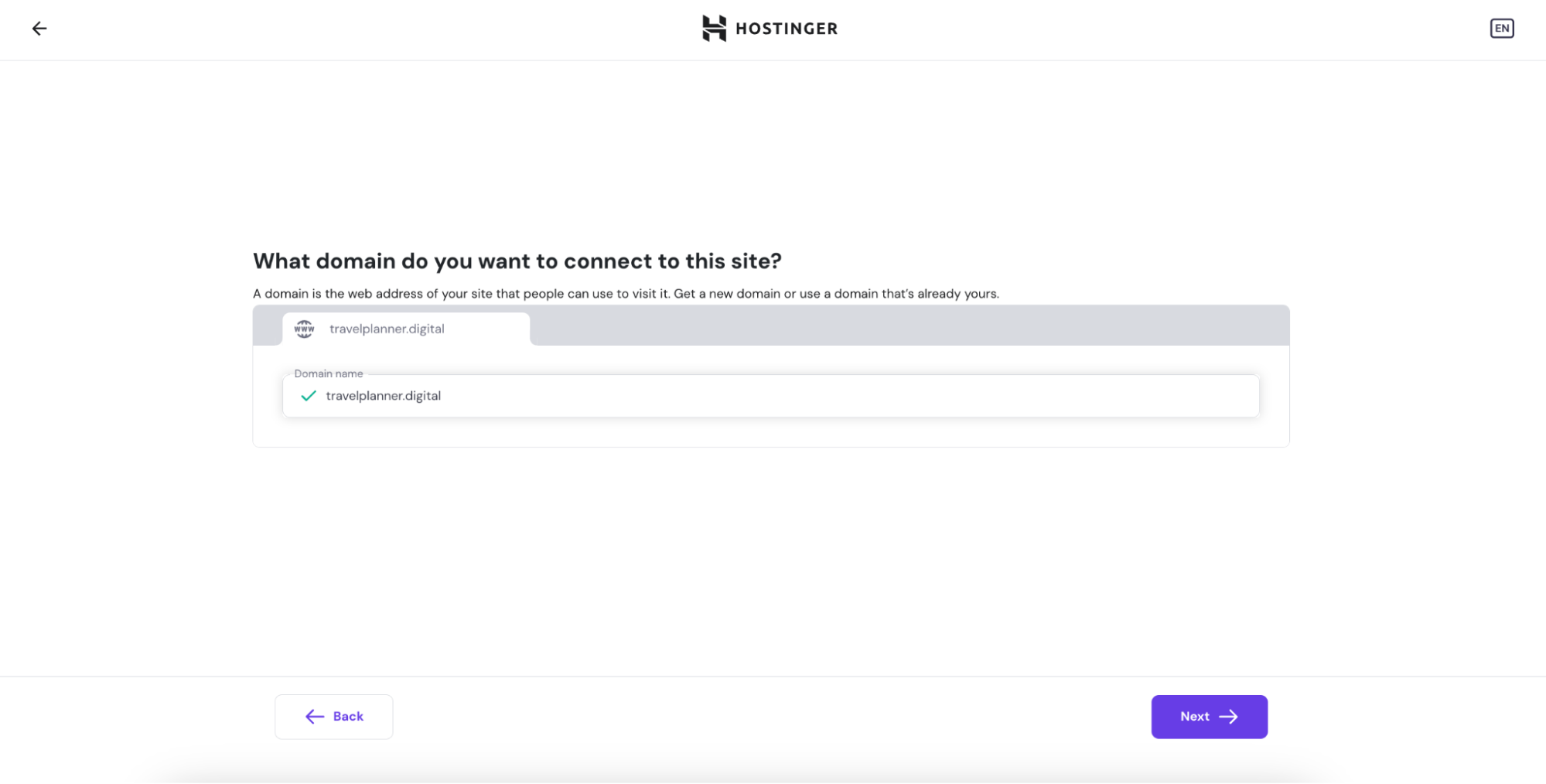 Hostinger's custom domain name selection page