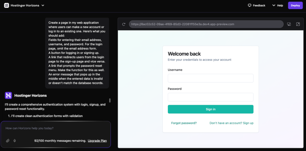 Hostinger Horizons creates a login and registration page