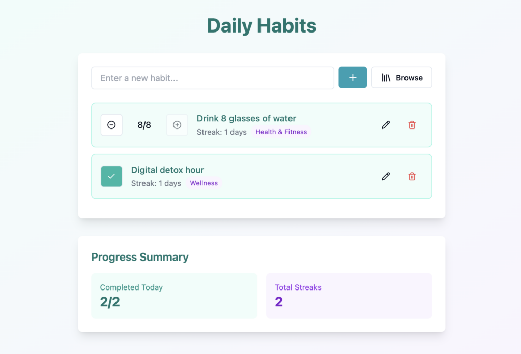 The web app's main dashboard after adding habit progress tracking