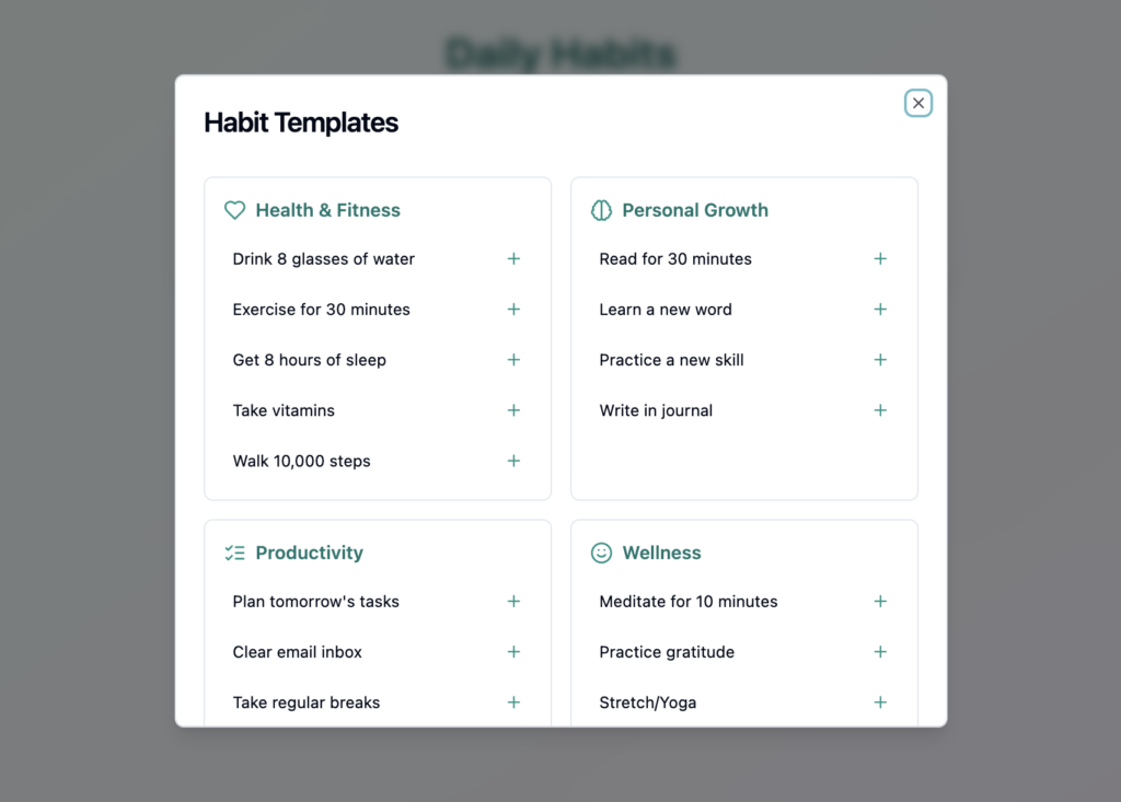 The web app's habit template system with recommended habits
