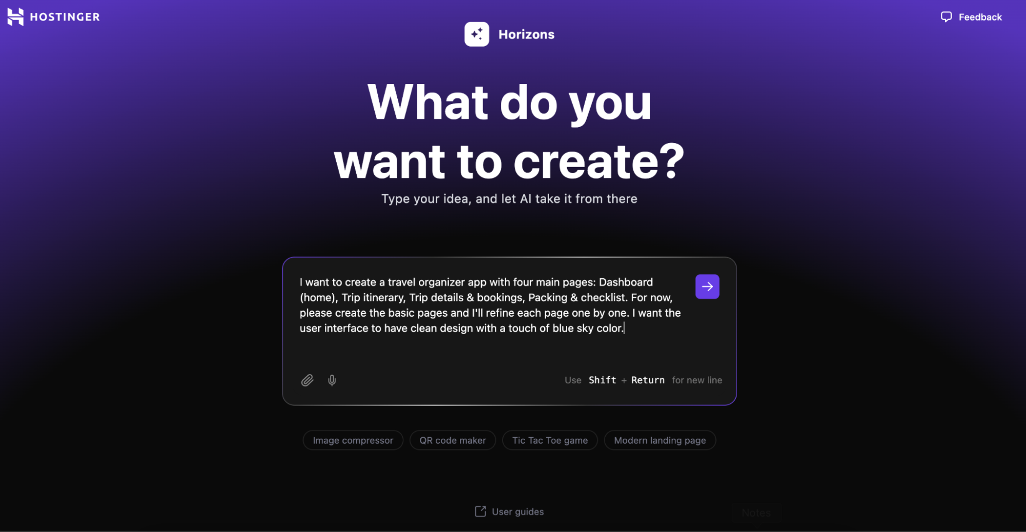 Hostinger Horizons' initial page with a prompt example