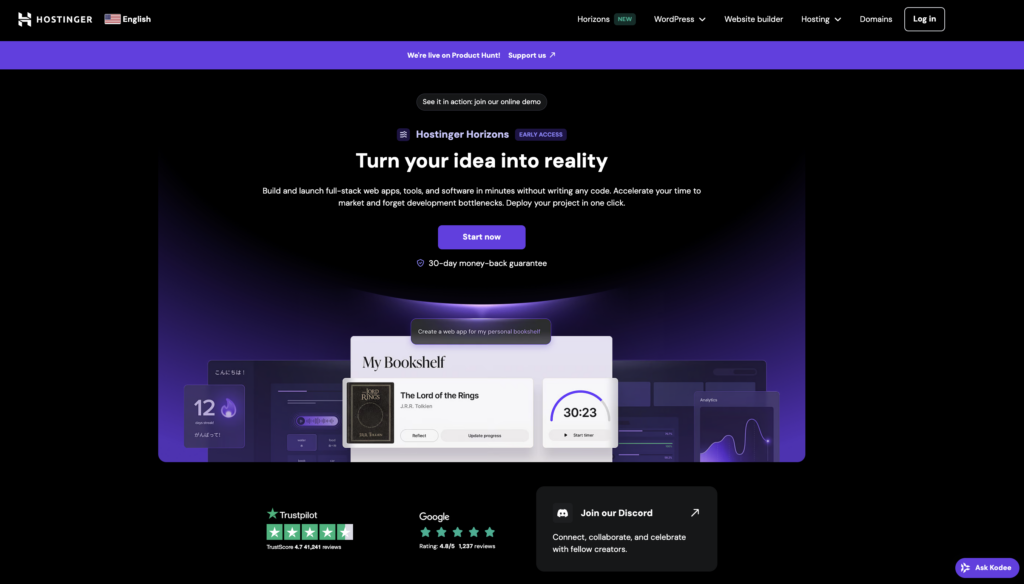 Hostinger Horizons' landing page