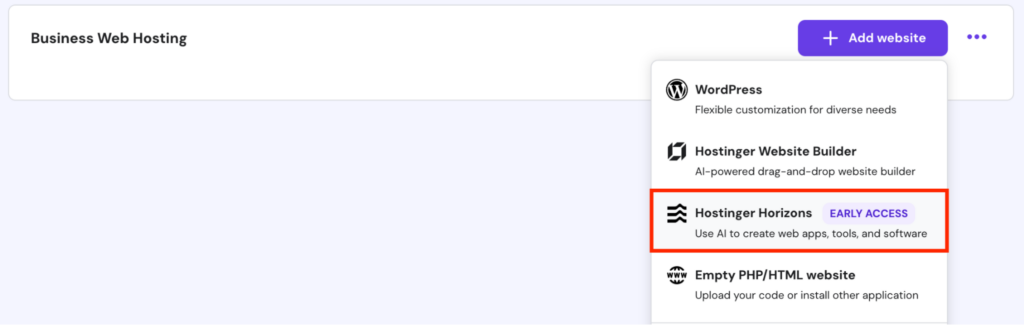 The Hostinger Horizons option is highlighted on hPanel