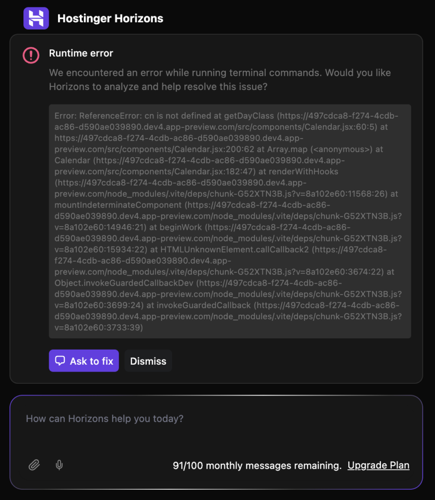 A runtime error in Hostinger Horizons