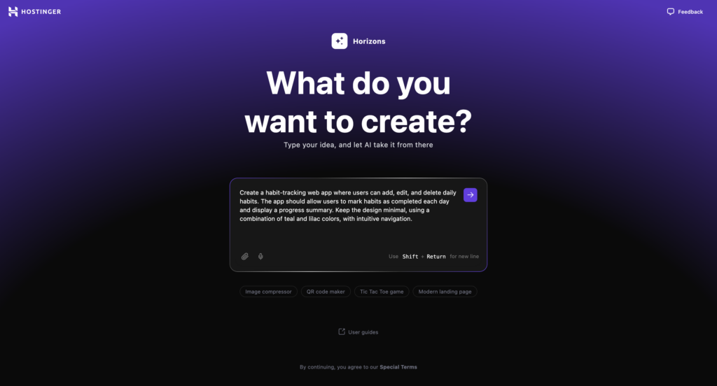 Hostinger Horizons' start screen with the first prompt
