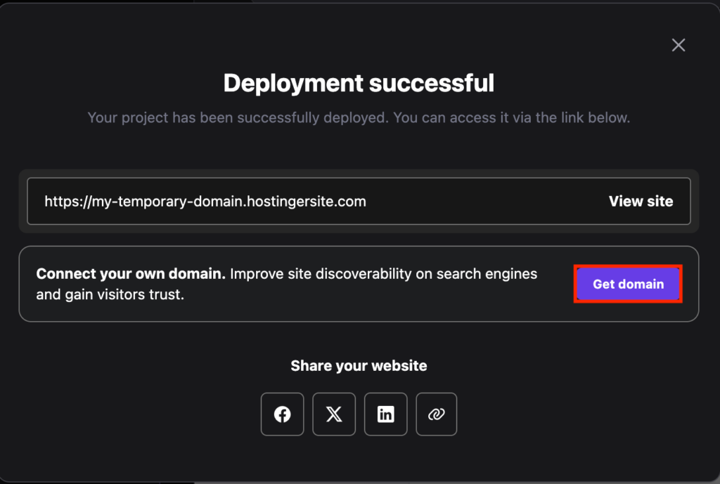 Hostinger Horizons successful deployment confirmation message