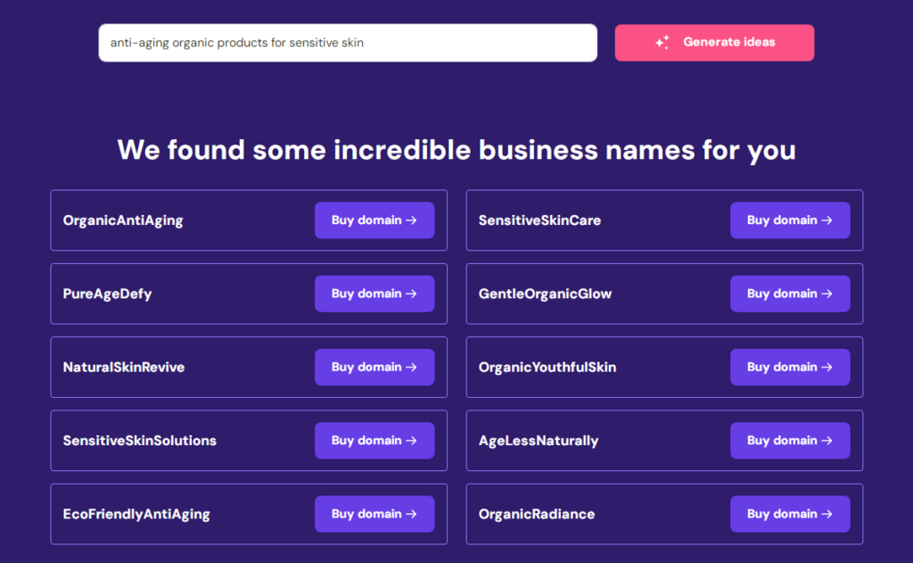 hostinger business name generator search query with the Generate ideas CTA and the list of suggested business names
