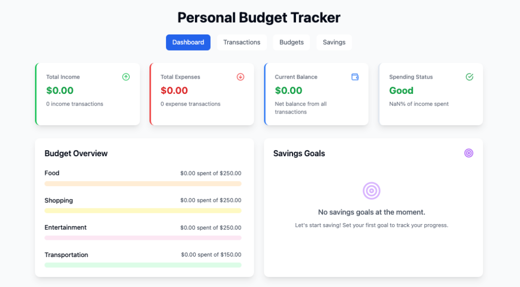 the budget tracker dashboard after adding separate cards for budget overview and saving goals
